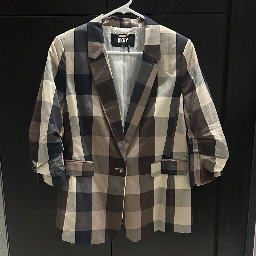 DKNY Checkered Blazer in Navy, Brown, and Cream- Size 12